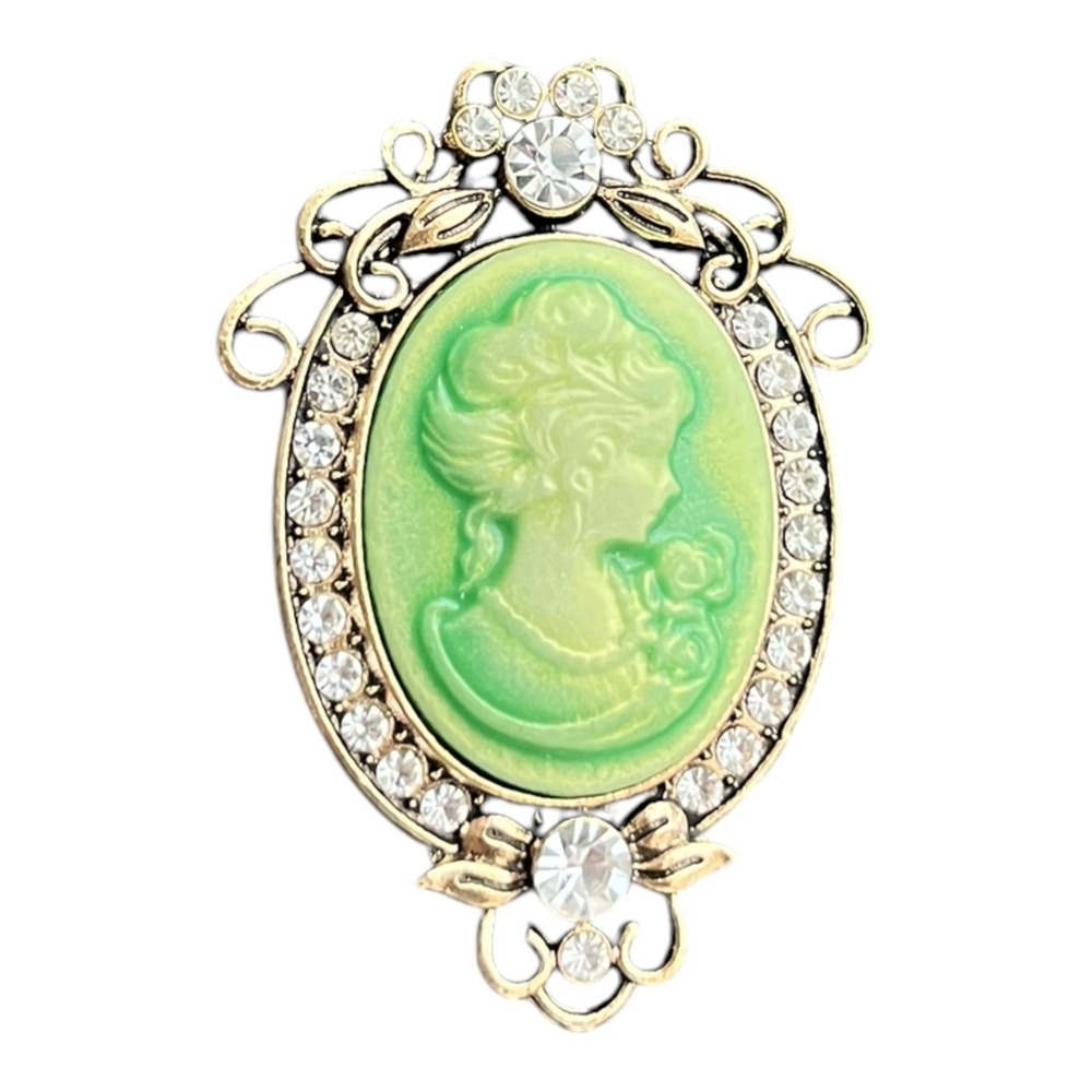 Green Resin Cameo Brooch Pin 2.25" Rhinestone Gold Tone Vintage Style